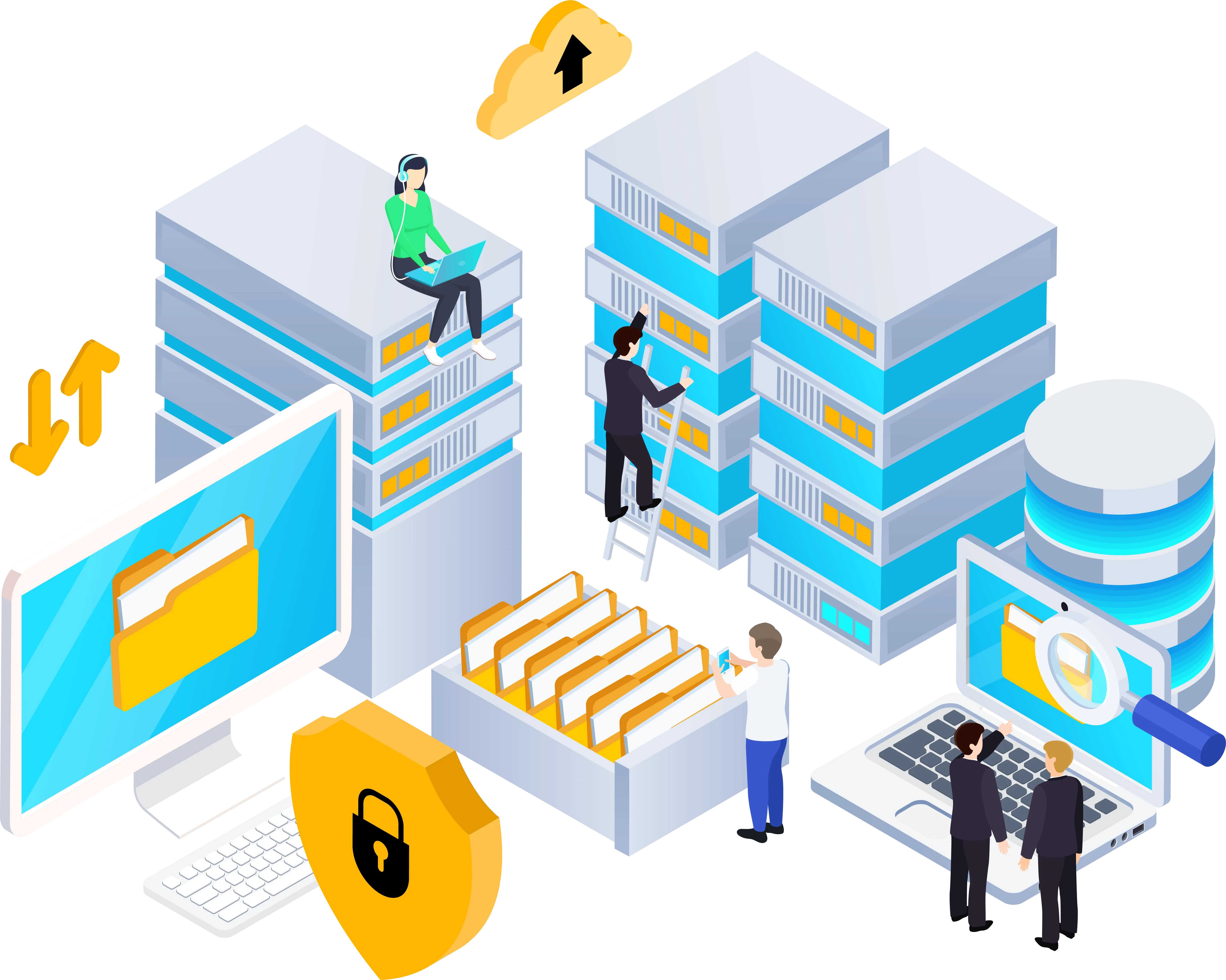 IT specialists working on servers, cloud storage, data security and devices